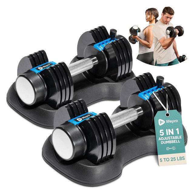 Lifepro 6-in-1 Adjustable Dumbbells - 25lb Compact Set/Single for Home Gym and Full Body Exercise