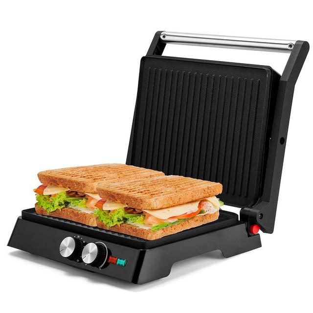 Pukomc Panini Grill Press,Sandwich Maker Press,Contact Grill, 1400W Non-Stick Grill, 60-Minute Timer, 180 Degrees Opening, Stainless Steel