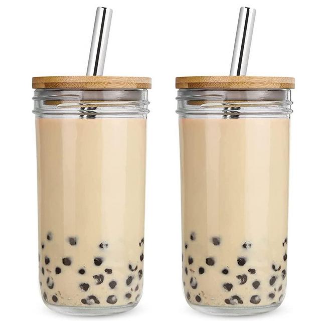 Iced Coffee Cups 2 Pack 20 oz, AmzFan Reusable Wide Mouth Smoothie Cups, Boba Cup With Lids and Silver Straws, Mason Jar Glass Cups, Clear Tumblers Drinking Bottle
