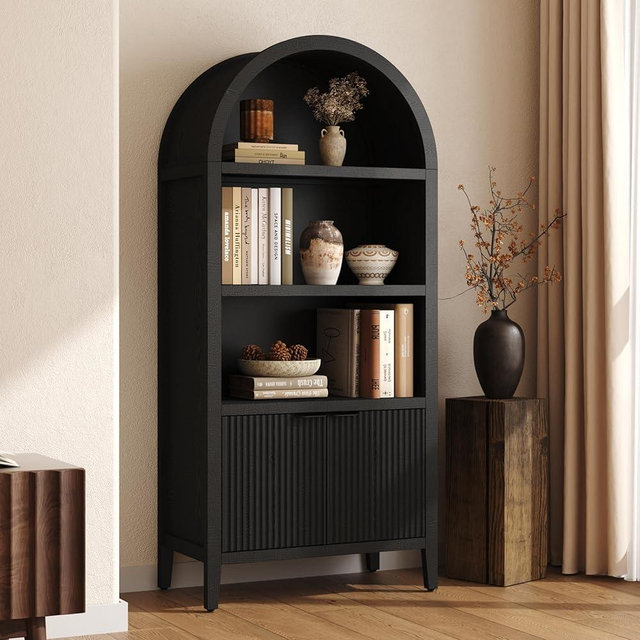 Yusong 71" Tall Arched Bookcase, 5-Tier Arched Bookshelf, Black Bookshelf, Arch Cabinet Display Cabinet with Fluted Doors and Shelves, Modern Farmhouse Kitchen Pantry for Living Room Bedroom