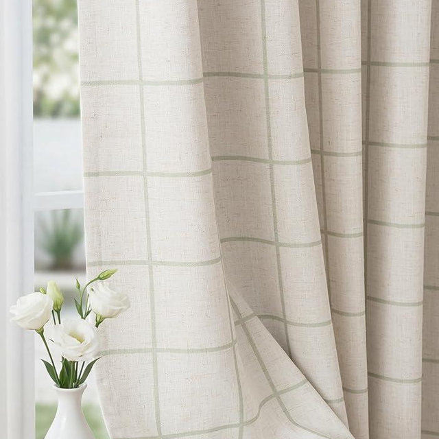 THREE GIRLS Pinch Pleated Plaid Curtains Blackout Linen Gingham Green Curtains for Living Room,Bedroom Checkered 84 Inches Long Double Layer 2 Panels Set Luxury and Modern Printed Design Darkening