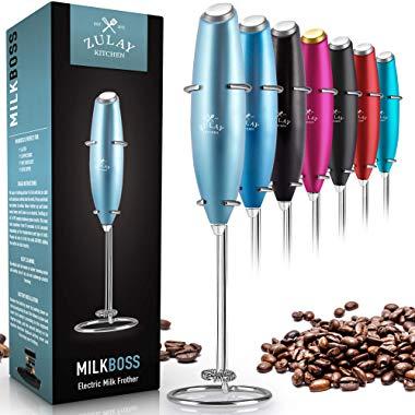 Zulay High Powered Metallic Milk Frother Handheld Foam Maker for Lattes - Whisk Drink Mixer for Bulletproof® Coffee, Mini Foamer for Cappuccino, Frappe, Matcha, Hot Chocolate by Milk Boss - Metallic Ice Blue