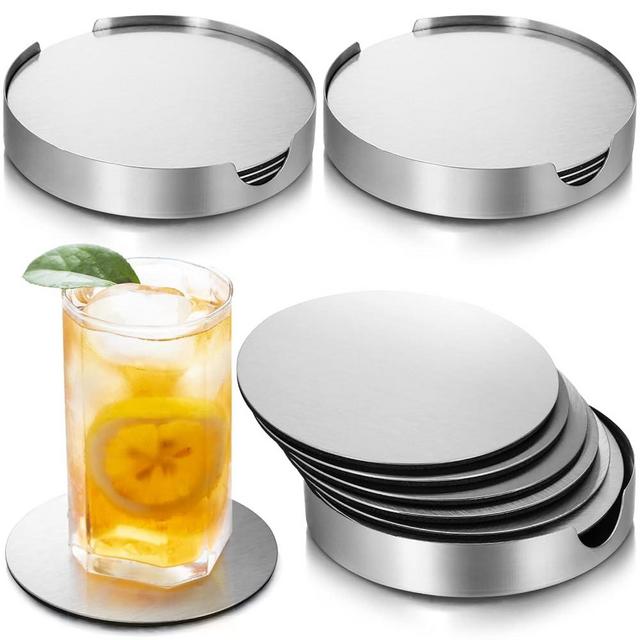 Hiceeden 18 Pack 4 Inch Stainless Steel Coasters, Round Silver Modern Coasters with 3 Holder, Rubber Foam Anti-Slip Bottom for Outdoor, Kitchen, Bar
