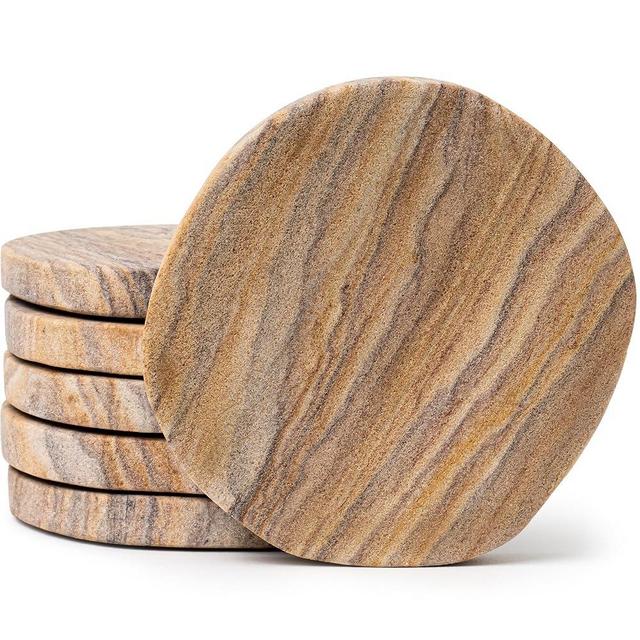 Cork & Mill Absorbent Coasters Set of 6 - Water Absorbing Sandstone Coasters for Drinks - Perfect for Coffee Table, Office Desk, Outdoor, Bedroom Nightstand - 4" Round - Unique Irregular Edge Design