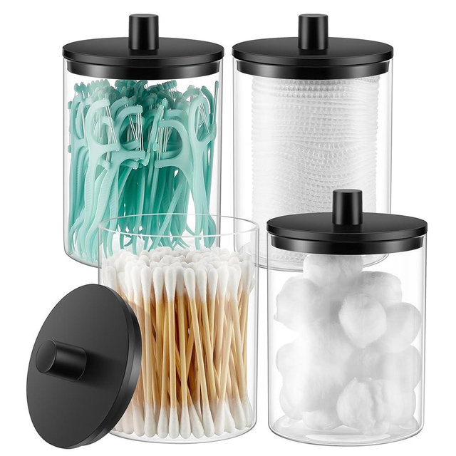 TIPGO Glass Qtip Holder Dispenser for Bathroom - 10 oz Clear Canister Apothecary Jar for Cotton Swabs, Balls, Pads, Floss Picks, Small Containers for Makeup Storage Organizer (4 Pack, Black)