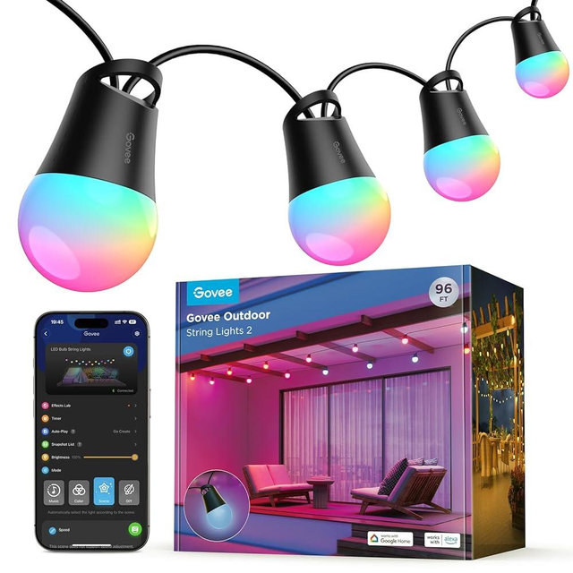 Govee Smart Outdoor String Lights 2, 96ft RGBIC Outdoor Lights with Dimmable Warm White LED Bulbs, 47 Scene Modes for Patio, Backyard, IP65 Waterproof, Works with Alexa, App Control