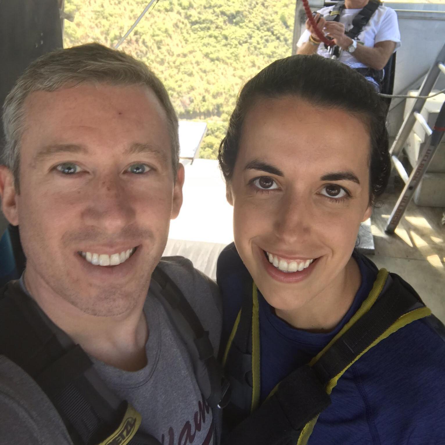 Psyching ourselves up before bungy jumping in Queenstown, NZ.
