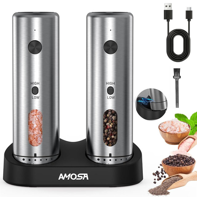 Electric Salt and Pepper Grinder Set, Upgraded 2-Speed Setting, External 6 Adjustable Coarseness, USB C Dual Rechargeable Base, All Stainless Steel Automatic Salt & Pepper Mill Shakers with LED Light