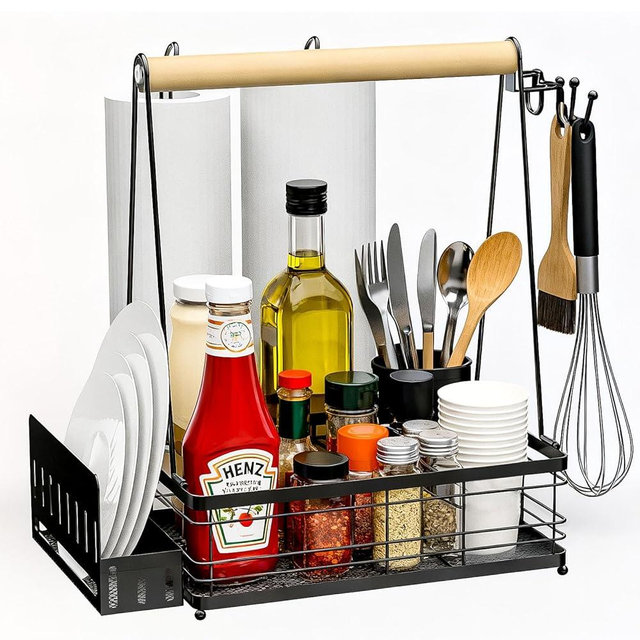 TUDALLK Grill Caddy with Plate Holder and 2Paper Towel Holder, Picnic BBQ Condiment Utensil Organizer Caddy for Outdoor Cooking, RV, Camping Essential, Camper Must Haves, Grilling Gifts for Men