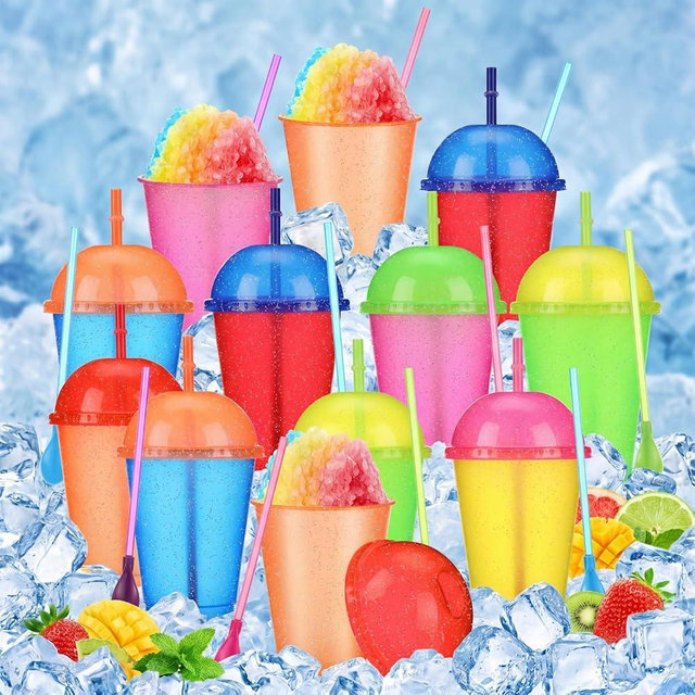 Teenyyou 12 Pcs 17 oz Slushie Cups with Dome Lids and Straws Detachable Spoon Straws Reusable Plastic Iced Coffee Cups Smoothie Tumbler for Wedding Birthdays Summer Party Supplies, Multiple Colors