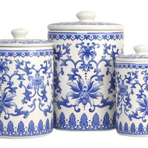 10 Strawberry Street Chinoiserie 3 Piece Canister Set, White/Blue