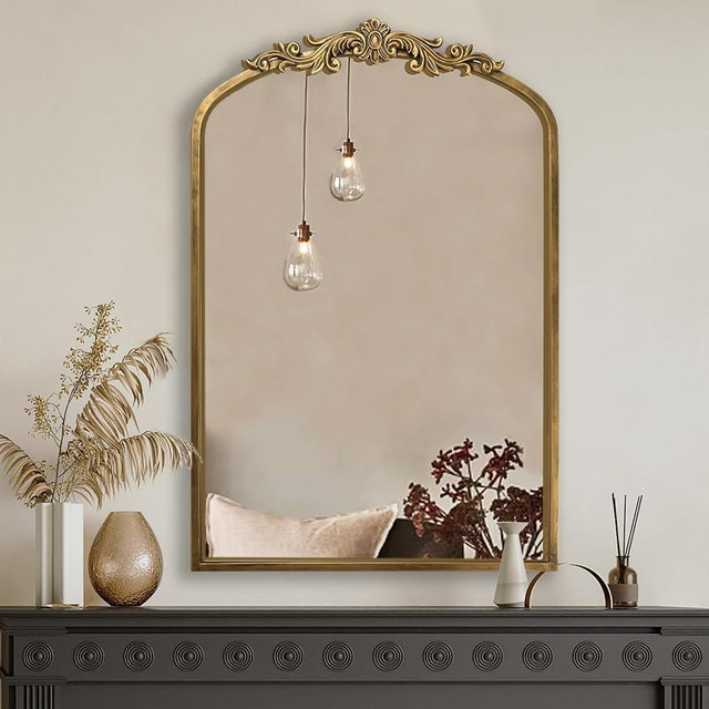 PERFNIQUE Vintage Mirror, 36" X 24" Arched Antique Baroque Wall Mirror, Gold Traditional Wall Decor, Ornate Wall Decor Anthro Look Alike Mirror for Bathroom Living Room Fireplace Entryway Hallway