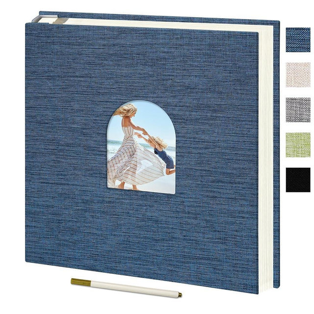 Vienrose 9.84x9.06 Inch Self-Adhesive Photo Album Linen Cover Arch Window Scrapbook Album 40 Pages Blank Inner Page Memory Book with A Metallic Pen, Blue