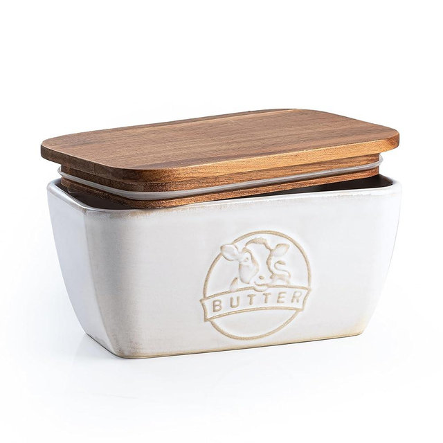 Mikigey Butter Dish with Lid for Countertop, Farmhouse Ceramic Butter Keeper with Acacia Wood Lid, Large Porcelain Butter Container for Kitchen Decor and Accessories, Off-White