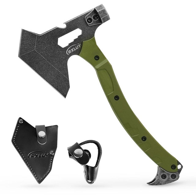 RXLUY Tactical Axe with G10 Handle Camping Survival Hatchet, Multifunctional Hiking Outdoor Heavy Duty Full Tang Tomahawk Tools with Hammer, Unique Design Crowbar, Leather Sheath (Green)