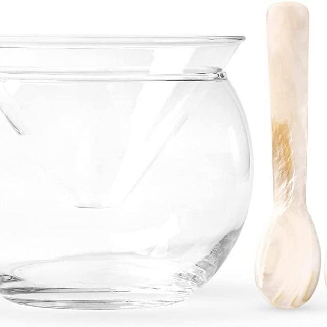 Glass Caviar Chiller Server Set Plus 2 pcs. x Mother of Pearl Caviar Spoon 3" – Universal Martini, Wine, Liquor Cocktail Chiller
