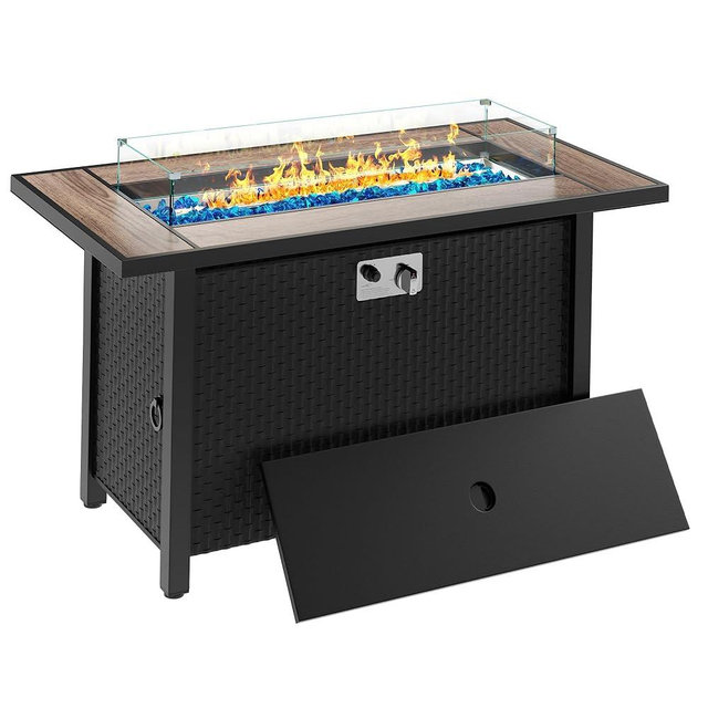Meilocar 45in Fire Table, Propane Fire Pit with Glass Wind Guard and Rain Cover, Outdoor Firepit Table 50000 BTU 3-in-1 Fire Table for Patio/Yard/Balcony, Walnut Tabletop
