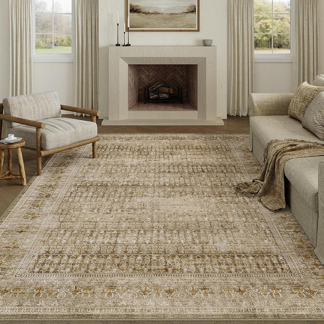 PureCozy Brown 8x10 Area Rug for Living Room Washable Vintage Distressed Large Carpet Bedroom Low Pile Non Slip Indoor Soft Retro Throw Accent Rug Office Kitchen Bathroom Dining Room