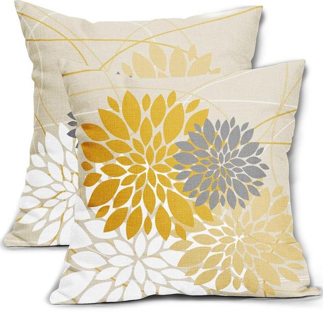Grey Yellow Dahlia Pillow Cover 18X18 Inch Geometric Floral Elegant Line Spring Flower Pillow Case Farmhouse Outdoor Decor for Home Bedroom Living Room Linen Square Cushion Covers, Set of 2