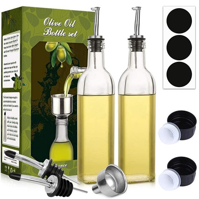 [2 PACK]Aozita 17 oz Glass Olive Oil Dispenser Bottle Set - 500ml Clear Oil & Vinegar Cruet Bottle with Pourers, Funnel and Labels - Olive Oil Carafe Decanter for Kitchen