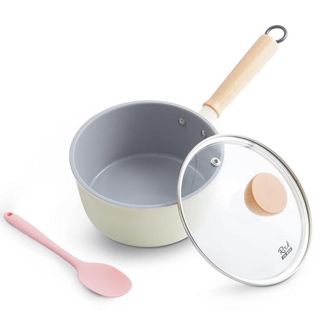 ROCKURWOK Ceramic Nonstick Sauce Pan with Lid,1.5 QT Small Cooking Soup Pot, Non Toxic & PFAS-Free, Wooden Handle for Cool Touch, Universal Base(Gas, Electric & Induction), White
