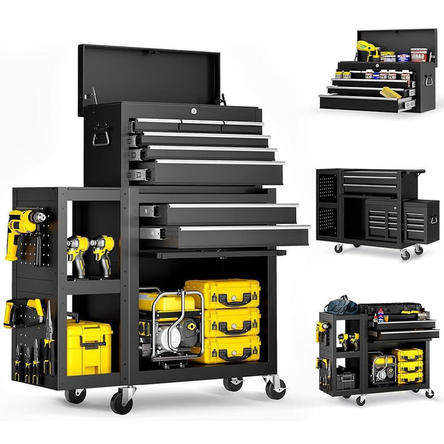 Dkenicor 8-Drawer Rolling Tool Chest,3-in-1 Tool Box on Wheels with Lockable Steel Garage, Detachable Top Toolbox & Bottom Storage Cart with Additional Cabinet for Repair Room,Warehouse, 2026 Black
