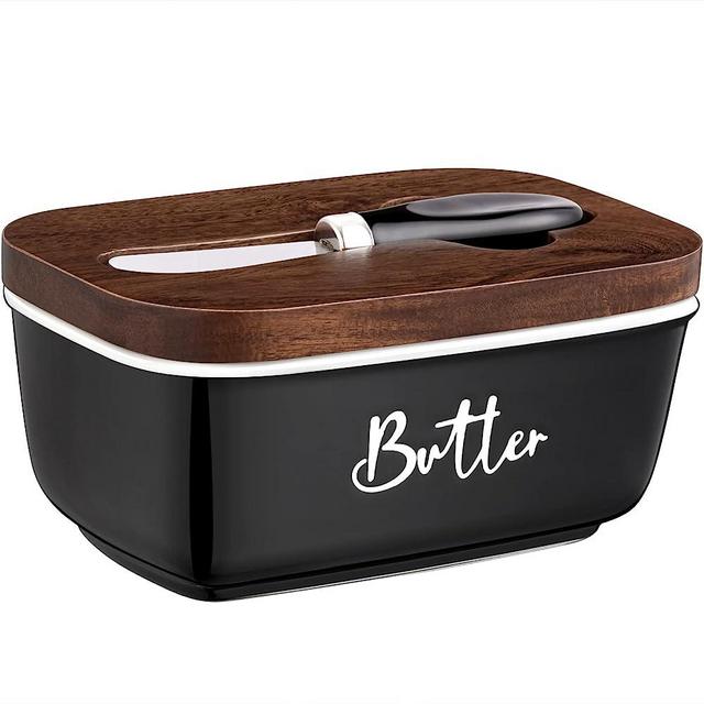 ALELION Black Butter Dish with Lid and Knife for Countertop - Airtight Ceramic Butter Keeper Container with Thick Acacia Wood Lid for Counter or Fridge - Black Kitchen Decor and Accessories