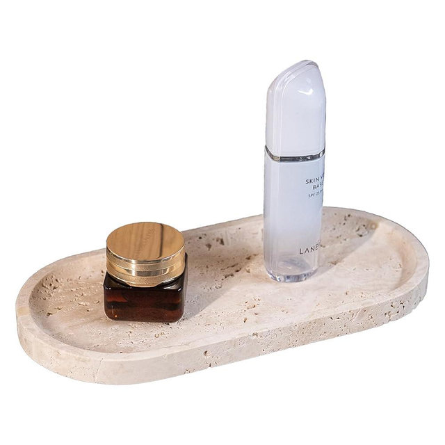 VEROBELL Beige Travertine Vanity Tray | Natural Stone Bathroom Organizer | Perfume & Jewelry Storage for Spa, Bedroom, Kitchen | Non-Slip Waterproof Design,11.8"x7.8"x0.6"