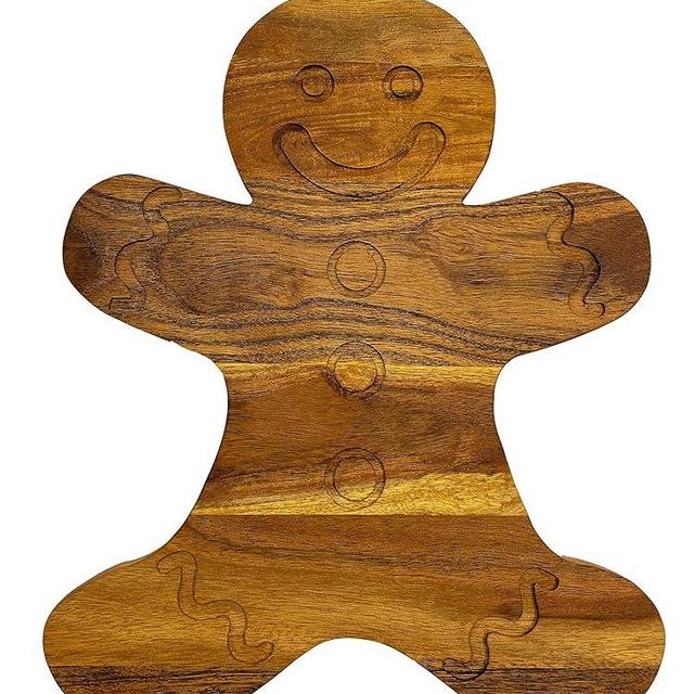 Wood Cutting Board for Kitchen Christmas Gingerbread Shaped Wooden Cutting Board with Grooves, Decorative cutting board for Cheese & Charcuterie Serving Platter 13.5"L x 10.75"W