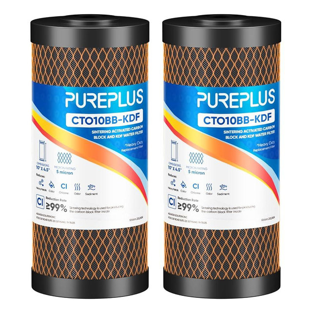 PUREPLUS 5 Micron 10" x 4.5" Whole House Coconut Shell Activated Carbon and KDF Water Filter, Heavy Metal Removal Replacement Water Filter, Compatible with GXWH40L, GXWH35F, BB10, CTO10BB-KDF, 2 PACK