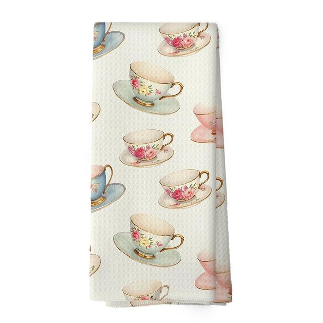 XPH Vintage Spring Floral Teacups Kitchen Dish Towels, Retro French Garden Tea Lover Gifts, Coffee Cup Kitchen Decor, Roses Flower Hand Towels Kitchen Tea Towels Decorations, 16x24inch