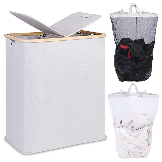 efluky Double Laundry Hamper with Lid, Divided Laundry Hamper with Removable Bags, 2 Section Dirty Clothes Basket with Handles for Bathroom, Bedroom & Laundry Room, 140L Black (140L, Beige)