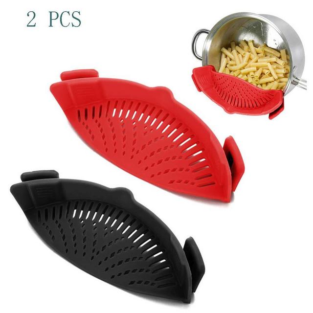 WeTest 2 Pack Heat Resistant Silicone Pot Strainer, Clip on Pots Pans, Pan Strainer for all Pots and Bowls - Red/Black