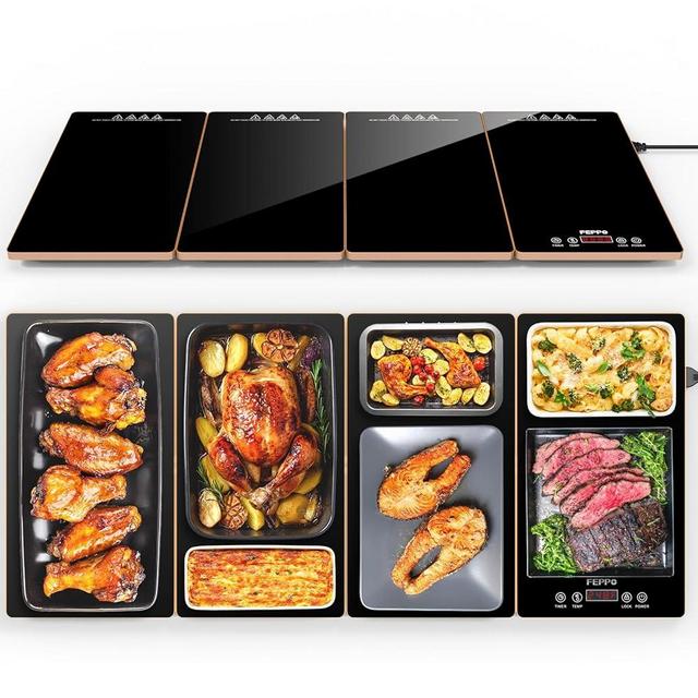 FEPPO Electric Warming Tray, 4-in-1 Food Warmers for Parties Buffet with 10 Temp Settings and Timer, 33"x15" Glass Surface Warming Mat for Food, Modular Buffet Hot Plates for Catering and Gatherings