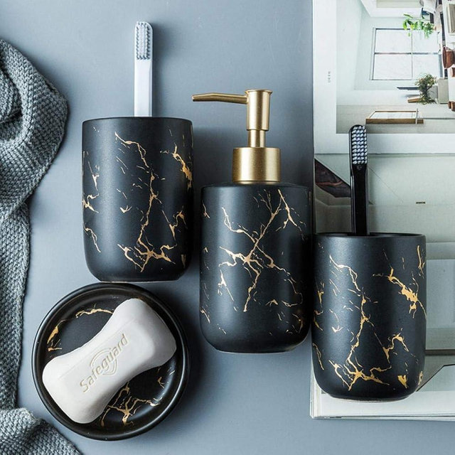 YYW Bathroom Accessory Set Ceramics Bathroom Set Accessories Complete Set Vanity Countertop Accessory Set Includes Soap Dish Lotion Dispenser Tumblers (Black（Four Piece）)