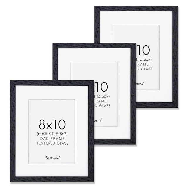 Black Picture Frames 8x10, 8"x10" Photo Frame for Wall, Oak Wood 8x10 Frame with Stand, Real Tempered Glass, 8 x 10 Frame with Mat for 5 x 7, Rustic Wood 8x10 Frame, Set of 3