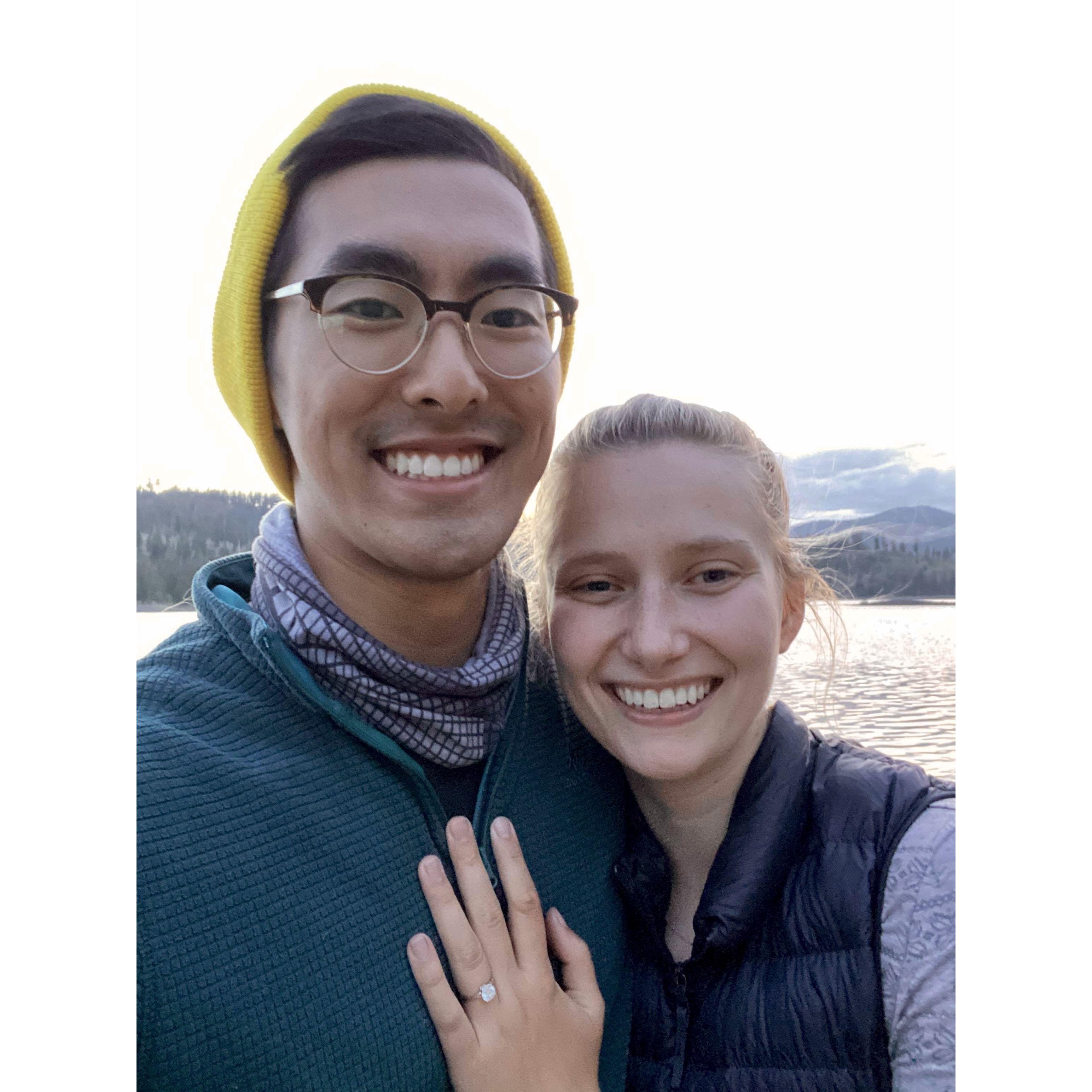 We got engaged in 2020 on a backpacking trip in Lassen Volcanic National Park in front of a pretty lake. It took longer than expected because Laura got distracted by a grazing deer