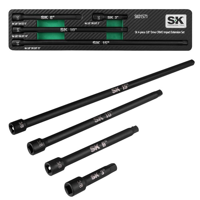 SK 4-Piece Impact Socket Extension Set, 3/8" Drive, 3", 6", 10", 15" Extension Set, Premium Cr-Mo Steel with Black Manganese Phosphate Coating