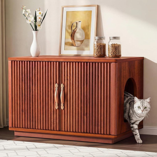 Amunrbrek 31.5" Walnut Fluted Cat Litter Box Enclosure Furniture, Large Hidden Litter Box Cabinet with Reversible Entrance, Indoor Cat House & End Table for Living Room, Entryway, Bedroom