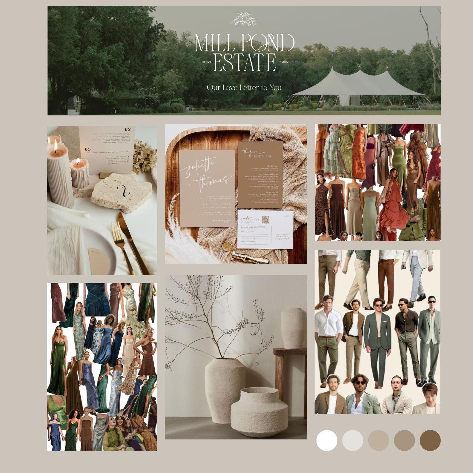 Our wedding mood board is a blend of romantic, earthy, and playful. This is simply the vibe of the day and a gentle suggestion for attire - come as you feel your best!