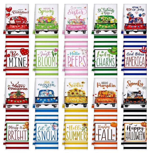 FuWeave 20 Pcs Seasonal Kitchen Towels Holiday Decorative Hand Towels Set Easter Spring Summer 4th of July Dish Cloths 16 x 24 Colorful Wash Cloths with Hanging Loop(Car)