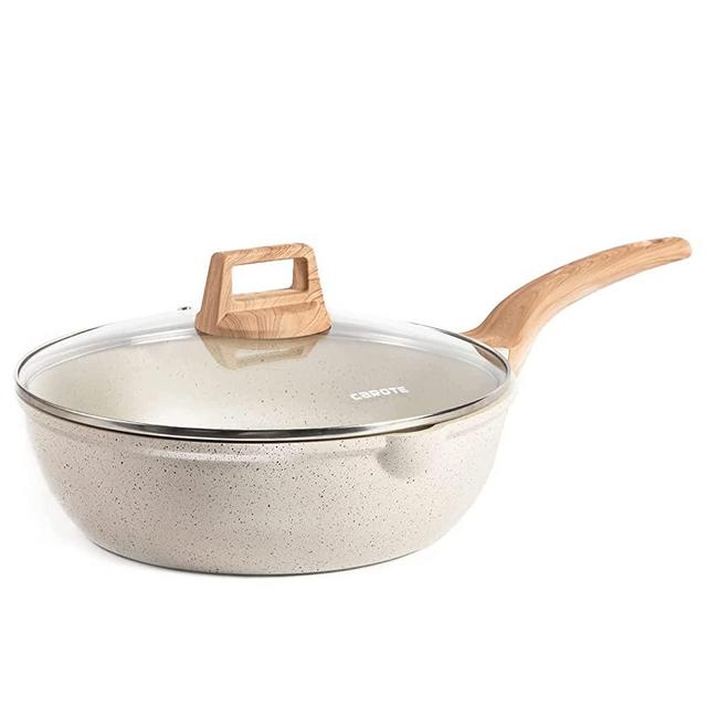 Carote Nonstick Deep Frying Pan with Lid, 12 Inch Skillet Saute Pan Induction Cookware, Non Stick Granite Frying Pan for Cooking, PFOA Free (White Grainte)