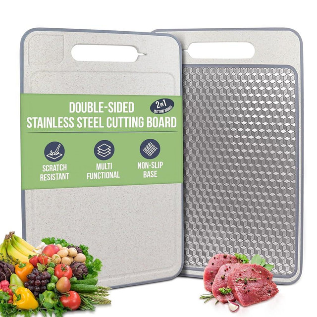 Stainless Steel Cutting Board Double Sided for Kitchen– 304 Stainless Steel/Wheat Straw PP Cutting Board for Meat, Fruit, Veg, Non Slip, Juice Groove, Food-Grade Chopping Board, Easy Clean