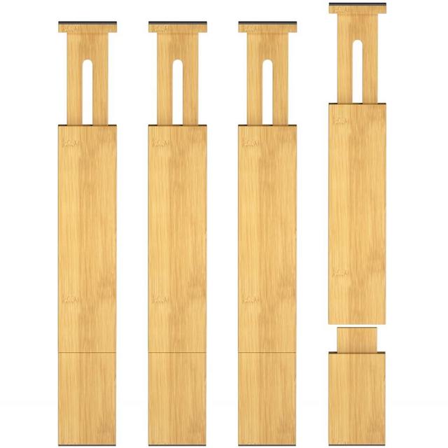 Ryqtop Bamboo Drawer Dividers Organizers, Kitchen Drawer Organizer, Adjustable Drawer Divider for Clothes, Kitchen, Dresser, Bedroom, Bathroom and Office, 4-Pack (4 L Natural, 12-22 IN)