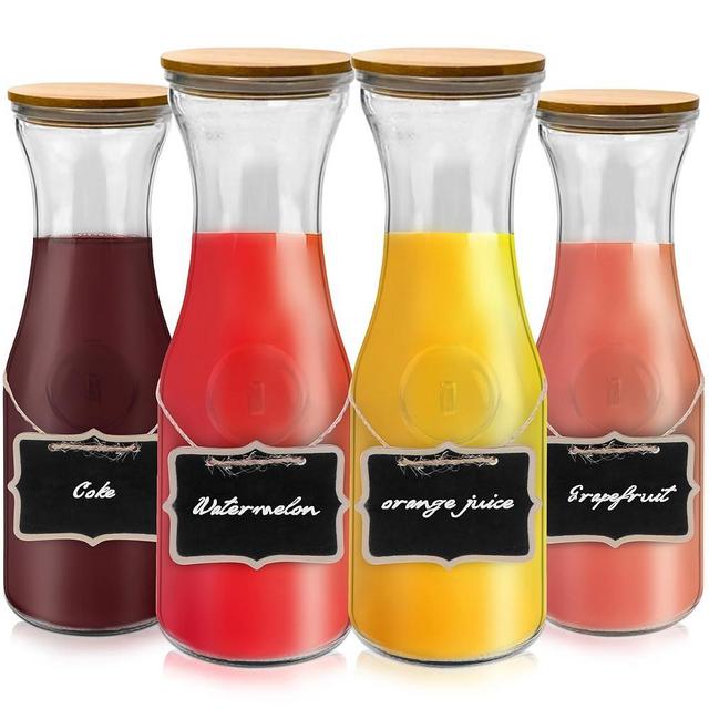 Glass Carafe with Bamboo Lid,35 Oz Beverage Dispensers Carafe,Mimosa Bar Supplies,Clear Glass Pitcher with Name Labels for Iced Tea,Coffee,Juice(Set of 4)