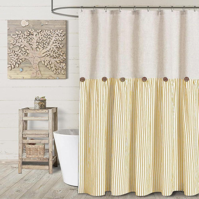 Awellife Linen Button Farmhouse Beige Shower Curtain,Linen and Cotton Woven Fabric,Pleated Yellow Stripe,Country Style (72" L x 72" W)