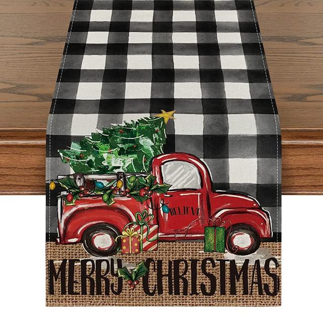 Artoid Mode Buffalo Plaid Merry Christmas Tree Table Runner, Seasonal Truck Gifts Kitchen Dining Table Decoration for Outdoor Home Party 13x72 Inch