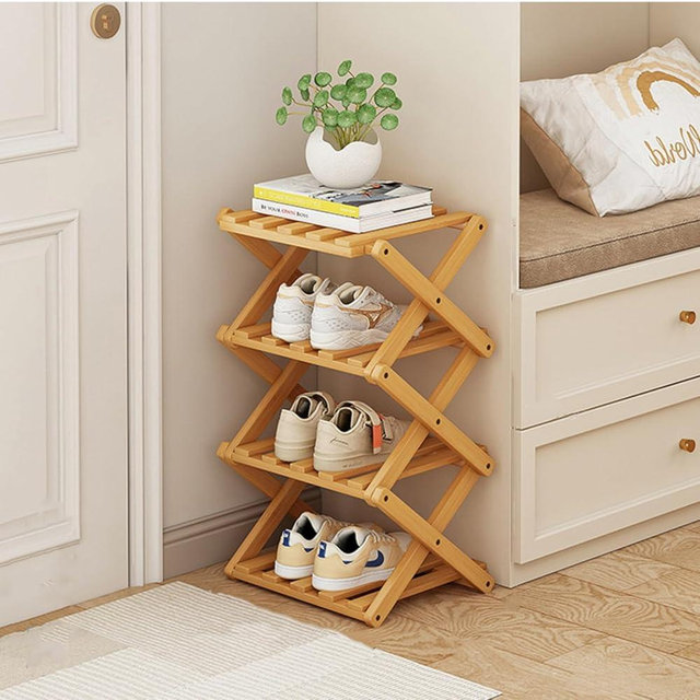 XZXWZX Foldable Shoe Rack, Bamboo Vertical Shoe Organizer Tall for Small Spaces. Multifunctional Narrow Shoe Shelf for Entryway, Closet, Corner, Bedroom, Hallway, Wood Color 4 Layers