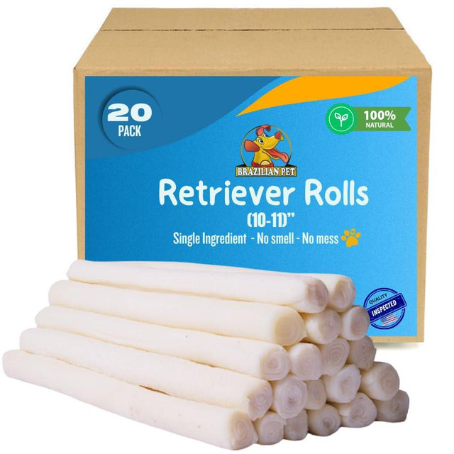 Brazilian Pet All Natural Treats Rawhide Retriever Beefhide Rolls Dog Chews Bones, Single Ingredient - Long Lasting Chew 10-11" (20 Count)