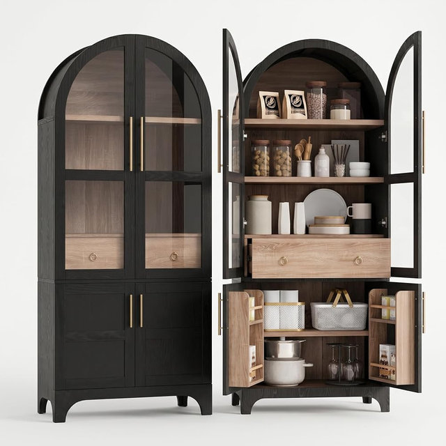 Kitchen Pantry Cabinet, 71" Tall Arched Kitchen Storage Cabinet Wood Farmhouse Kitchen Storage Cabinets with Glass Door, Adjustable Shelves, Hidden Drawer Versatile Cupboard for Kitchen (BLACK)